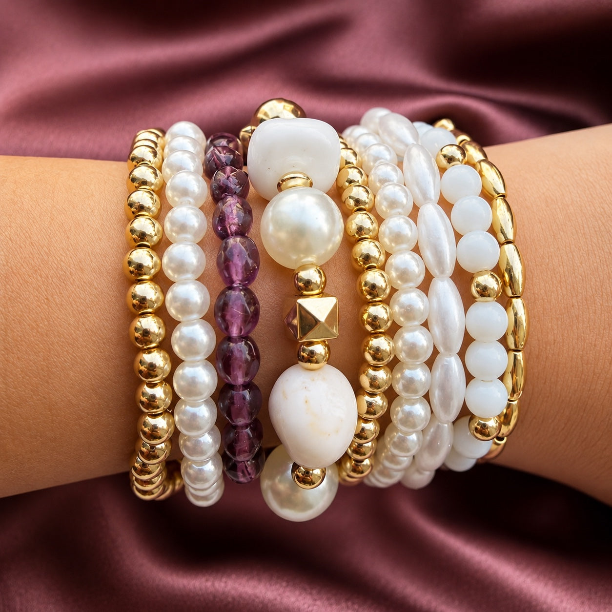TFC Adjustable Purple Pearl Gold Plated Bracelet (set of 9)